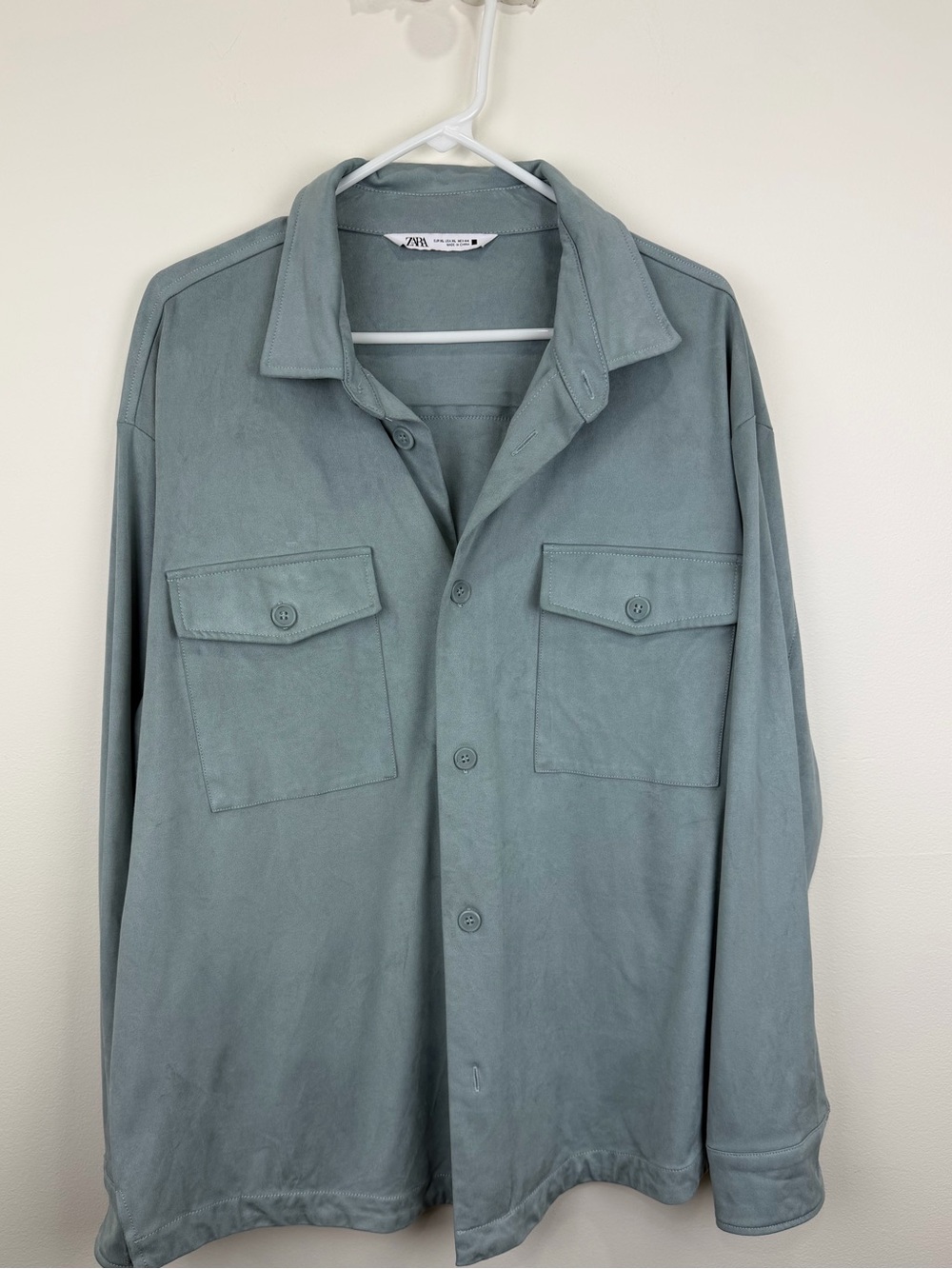 Zara Men’s Faux Suede Overshirt Sage Green Blue XL Utility Shirt Jacket